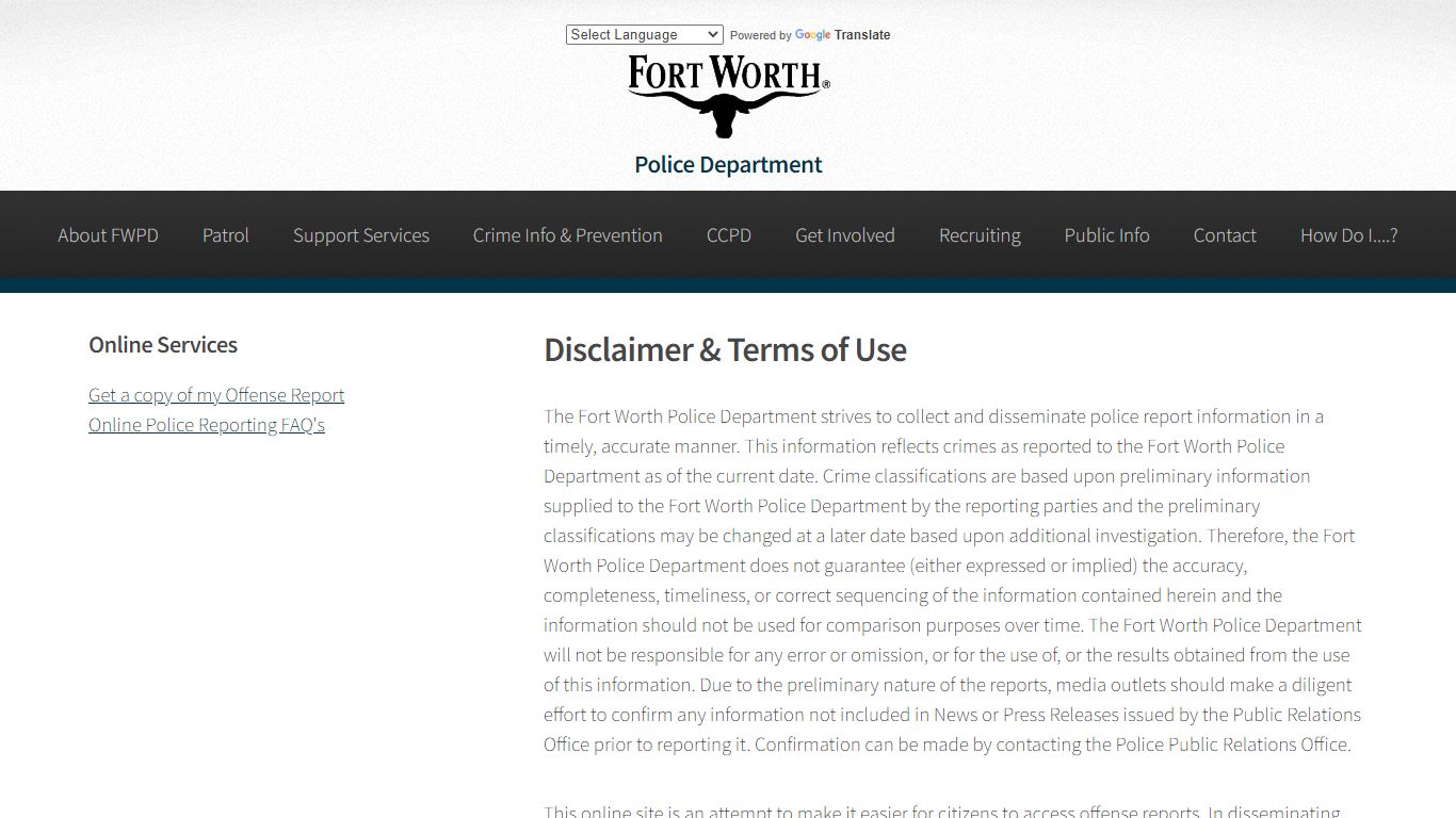 Disclaimer & Terms of Use - Fort Worth Police Department